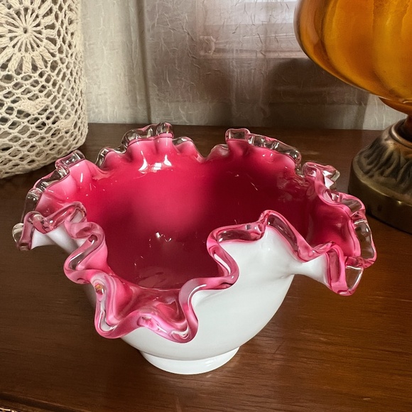Fenton Other - Vintage Fenton White Pink Cased 7" Flared Crimped Glass Bowl